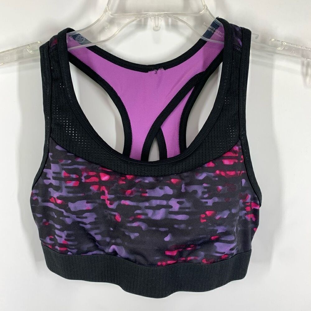 C9 Champion Women's Black Purple Abstract Print Racerback Sports Bra Size Small